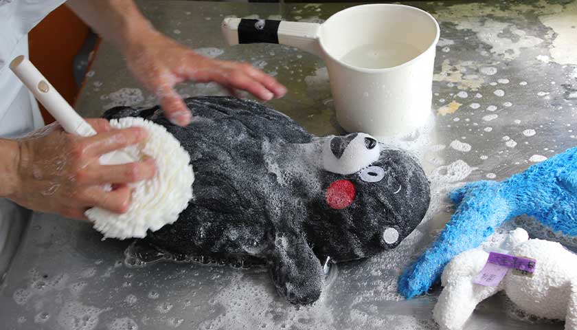 天然石けんで手洗いする職人