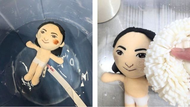 人形の本体を洗い、細かな部分を扱う作業例。顔の刺繍や縫製も確認します。
