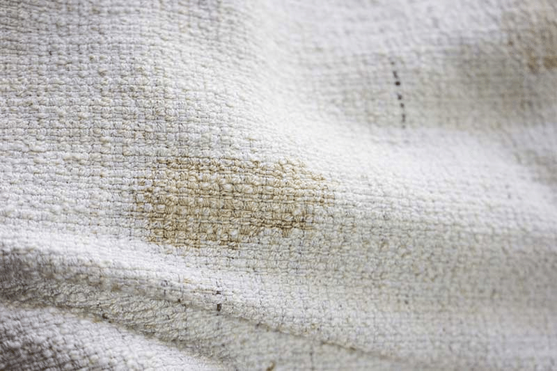 生地に残った小さな茶色い跡。広さだけでなく定着の程度も確認します。