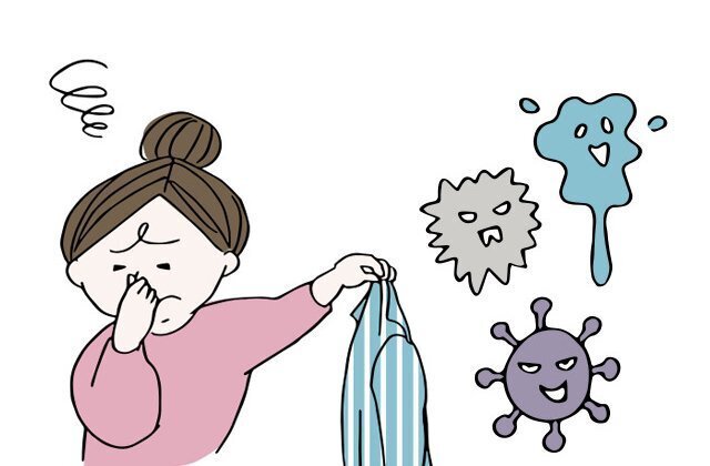 衣類のにおいが気になる場面を描いたイラスト。
