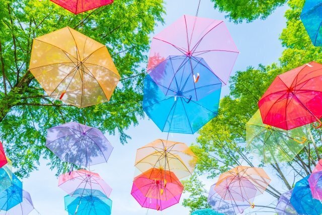 雨具と季節の暮らしを表す傘のイメージ。