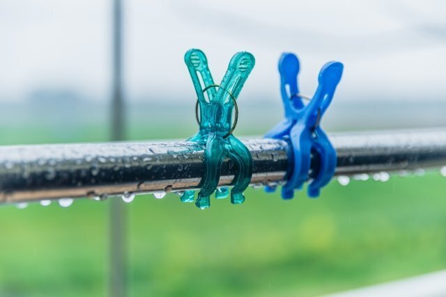 雨にぬれた物干しと洗濯ばさみ。乾燥の段取りを考える参考写真。